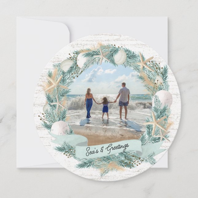 Cartão De Festividades Frota de Natal de praia em Seashore com Foto (Frente)
