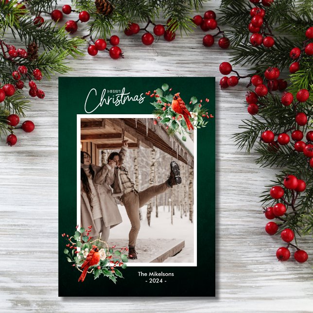 Cartão De Festividades Frutas de Azevinho Verde Feliz Natal Foto (Criador carregado)