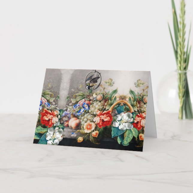 CARTÃO DE FESTIVIDADES FRUTAS, FLORES, UVAS, PÊSSEGOS E AVES PEQUENAS (Frente)