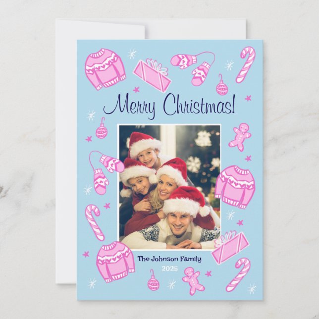 Cartão De Festividades Fun & Festive Blue Doodle Holiday Card (Frente)