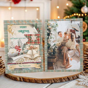 Cartão De Festividades Fundo de foto de sinos de Natal xadrez vintage