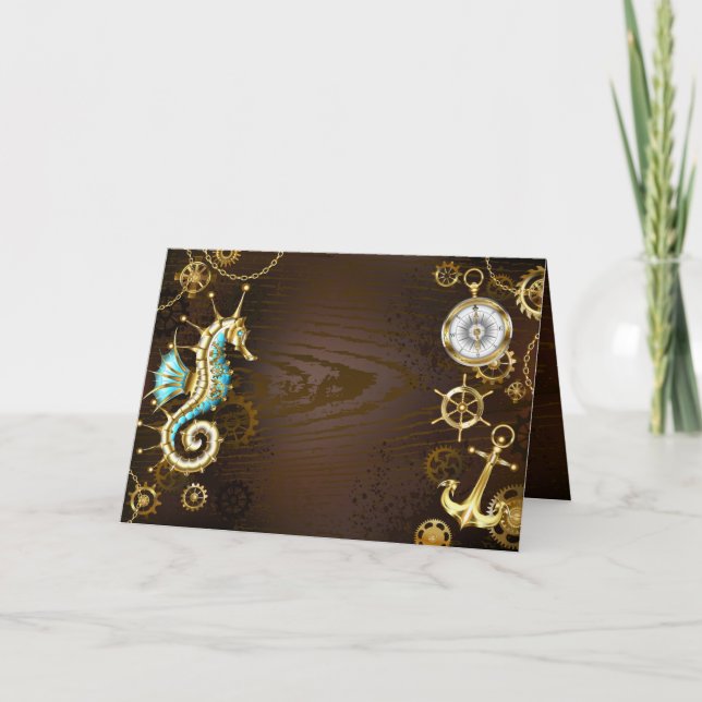 Cartão De Festividades Fundo de madeira com cavalo de mar mecânico (Frente)