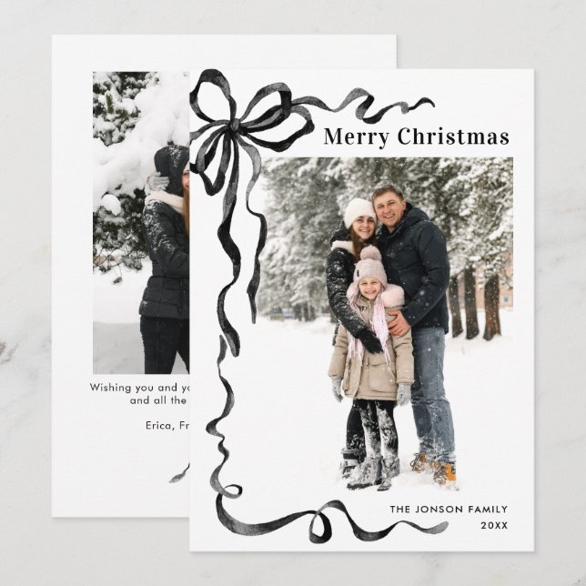 Cartão De Festividades Funky Christmas Boho Black Bow Ribbon 2 Photo (Frente/Verso)