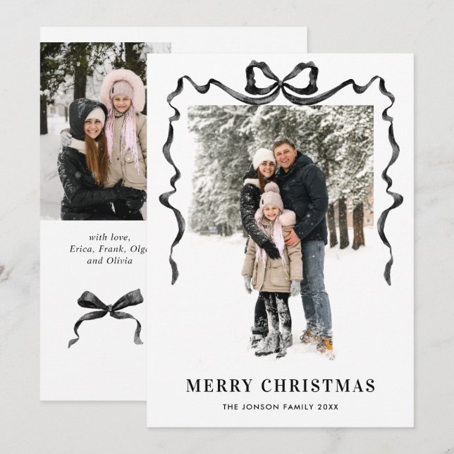 Cartão De Festividades Funky Christmas Boho Black Bow Ribbon 3 Photo (Frente/Verso)