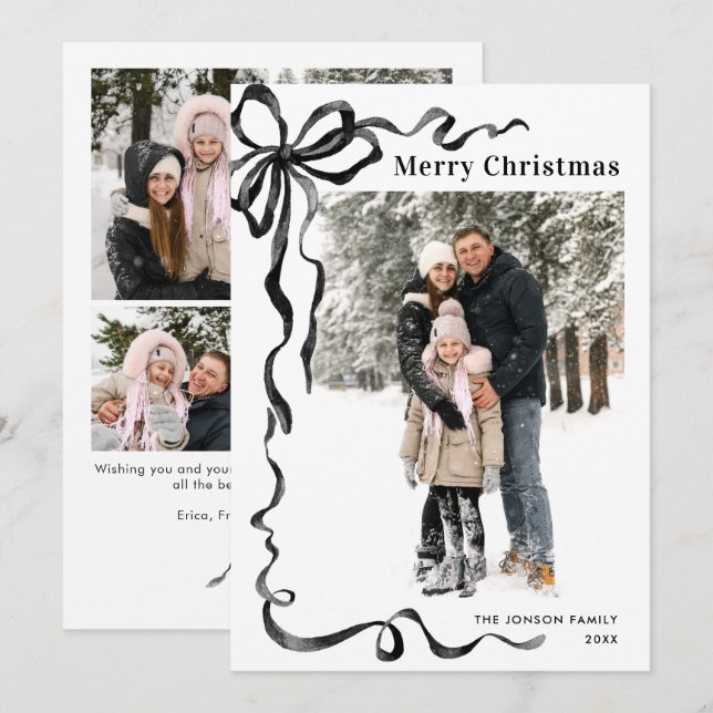 Cartão De Festividades Funky Christmas Boho Black Bow Ribbon 5 Photo (Frente/Verso)