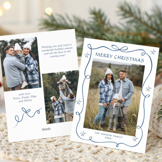 Cartão De Festividades Funky Dusty Blue Christmas Bow Ribbon 3 Photo (Criador carregado)