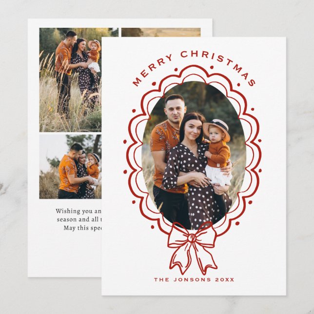 Cartão De Festividades Funky Hand Drawn Christmas Red Bow 5 Photo (Frente/Verso)