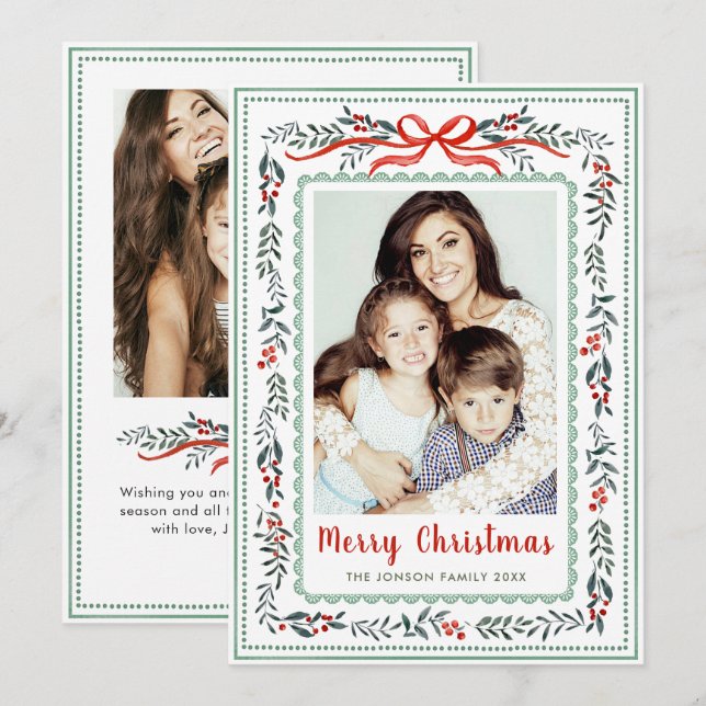 Cartão De Festividades Funky Sage Green Christmas Bow Ribbon 2 Photo (Frente/Verso)
