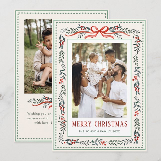 Cartão De Festividades Funky Sage Green Christmas Bow Ribbon 2 Photo (Frente/Verso)
