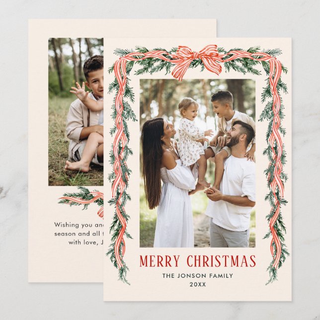 Cartão De Festividades Funky Sage Green Christmas Bow Ribbon 2 Photo (Frente/Verso)