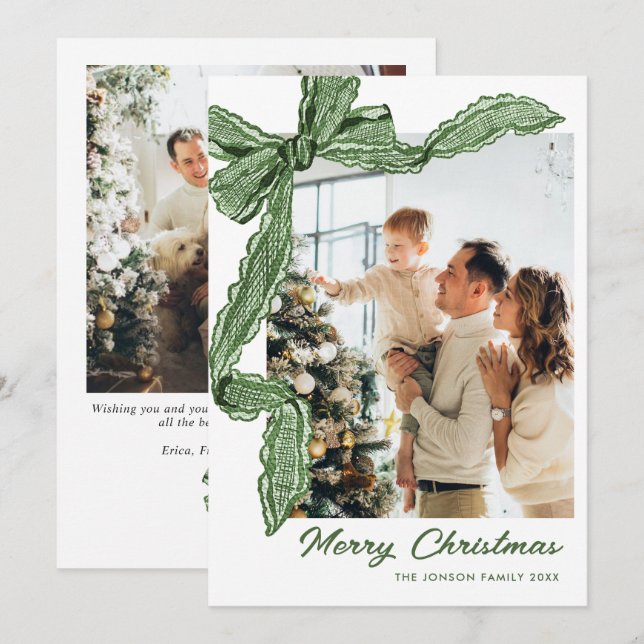 Cartão De Festividades Funky Sage Green Christmas Bow Ribbon 2 Photo (Frente/Verso)