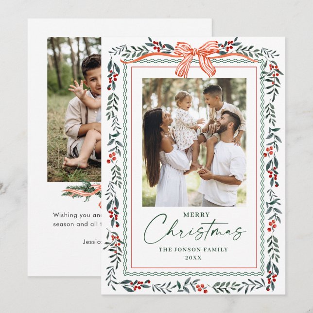Cartão De Festividades Funky Sage Green Christmas Bow Ribbon 2 Photo (Frente/Verso)