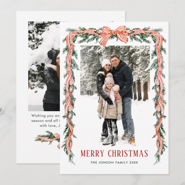 Cartão De Festividades Funky Sage Green Christmas Bow Ribbon 2 Photo (Frente/Verso)