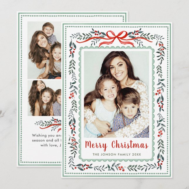 Cartão De Festividades Funky Sage Green Christmas Bow Ribbon 5 Photo (Frente/Verso)