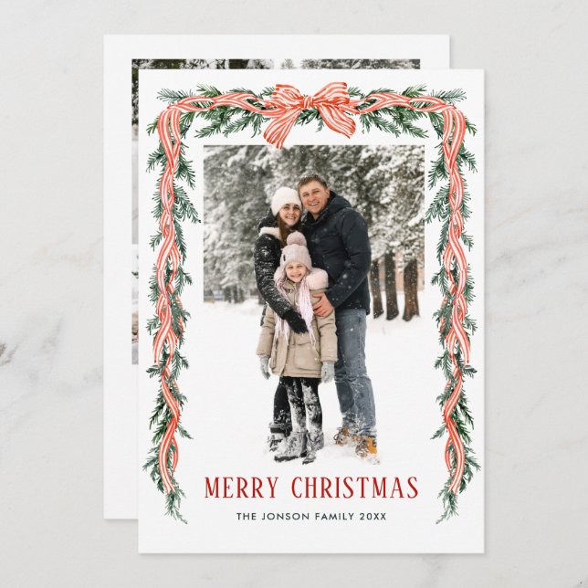 Cartão De Festividades Funky Sage Green Christmas Bow Ribbon 5 Photo (Frente/Verso)