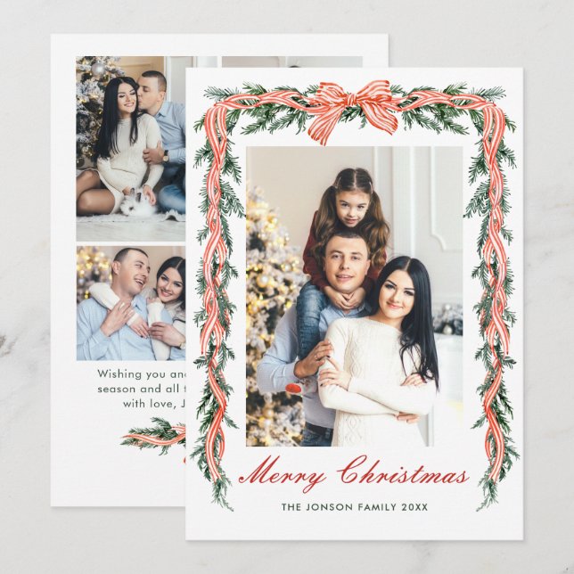 Cartão De Festividades Funky Sage Green Christmas Bow Ribbon 5 Photo (Frente/Verso)