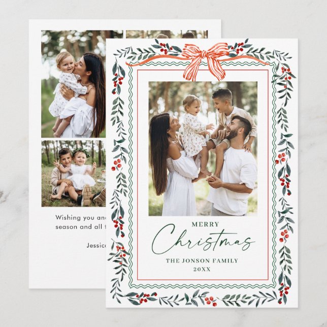 Cartão De Festividades Funky Sage Green Christmas Bow Ribbon 5 Photo (Frente/Verso)