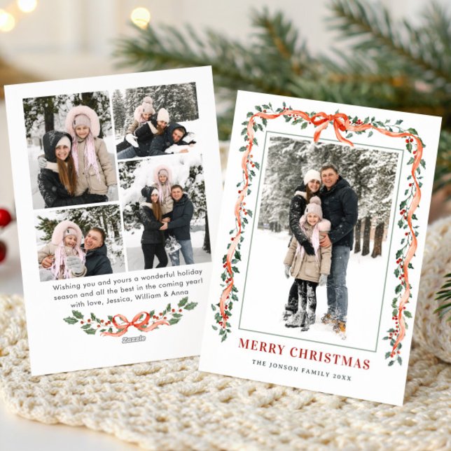 Cartão De Festividades Funky Sage Green Christmas Bow Ribbon 5 Photo (Criador carregado)