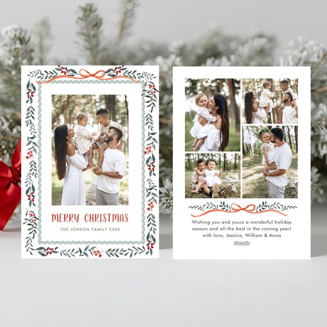 Cartão De Festividades Funky Sage Green Christmas Bow Ribbon 5 Photo (Criador carregado)