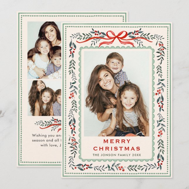 Cartão De Festividades Funky Sage Green Christmas Bow Ribbon 5 Photo (Frente/Verso)