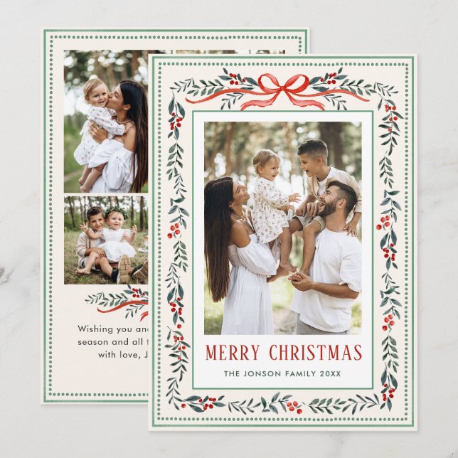 Cartão De Festividades Funky Sage Green Christmas Bow Ribbon 5 Photo (Frente/Verso)