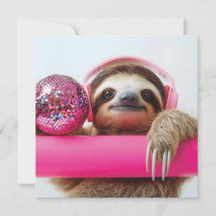 Cartão De Festividades Funky Sloth com Fones de ouvido cor-de-rosa e Disc