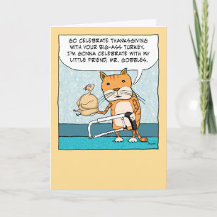 Cartão De Festividades Funny Cat and Little Turkey Thanksgiving Card