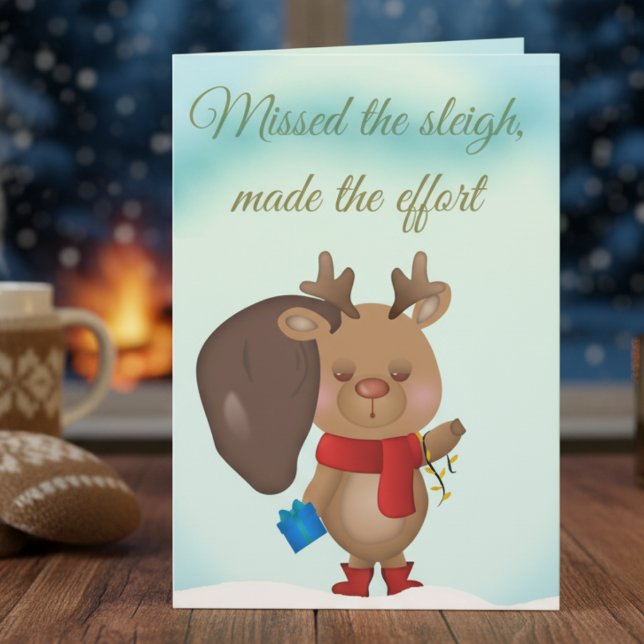 Cartão De Festividades Funny Christmas Card With A Sleepy Reindeer (Holiday card with personality. Funny, festive, and totally relatable.)