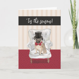 Cartão De Festividades Funny Christmas Pug Dog in Top Hat and Bow