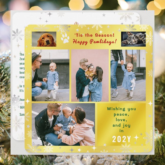 Cartão De Festividades Funny Dog Cat Happy Pawlidays Peace Love Photos  (Funny Cat Dog Photo Happy Pawlidays with 6 Photos. Golden Background, Snowflakes. Peace, Love, Joy)