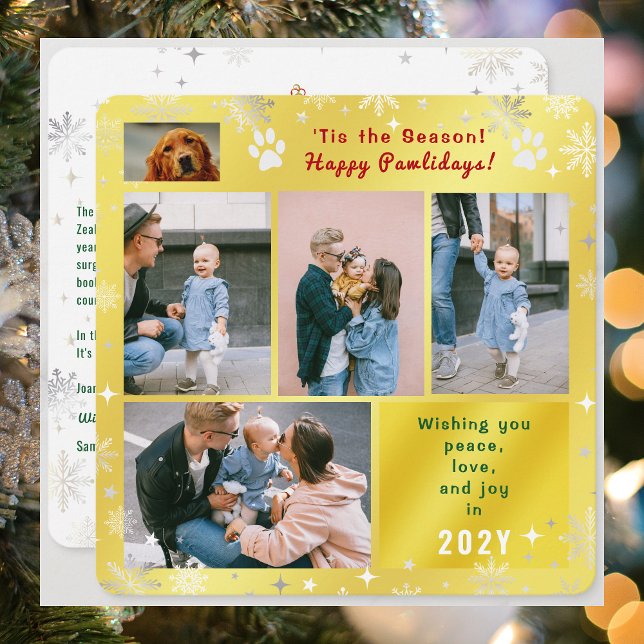 Cartão De Festividades Funny Dog Happy Pawlidays Peace Love Photos Golden (Funny Dog Cat Photo Happy Pawlidays with 5 Photos Total. Elegant Cute Golden Background, Snowflakes)