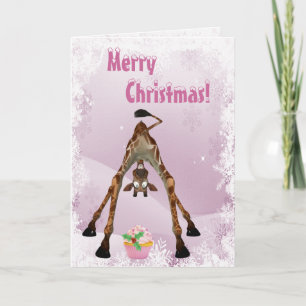 Cartão De Festividades Funny Giraffe & Pink Cupcake Christmas Card