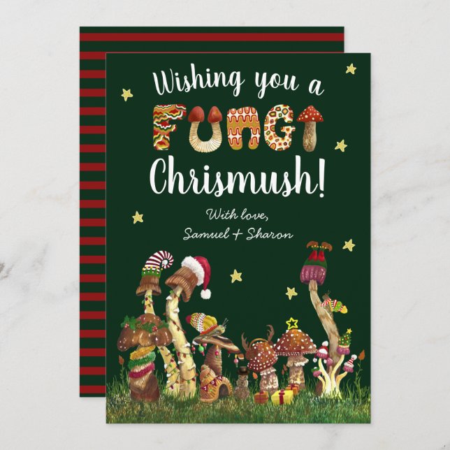 Cartão De Festividades Funny Green Festivo Mushroom Fungi Pun De Natal (Frente/Verso)