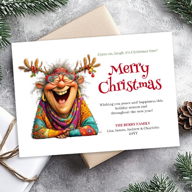 Cartão De Festividades Funny Lady Christmas Card Digital Custom Design (Funny Lady Christmas Card Digital Custom Design)