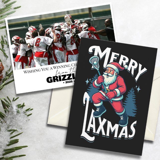 Cartão De Festividades Funny Merry Laxmas Lacrosse Team Christmas Card (“Merry Laxmas” lacrosse-themed Christmas card with Santa design and team photo on snowy background.)