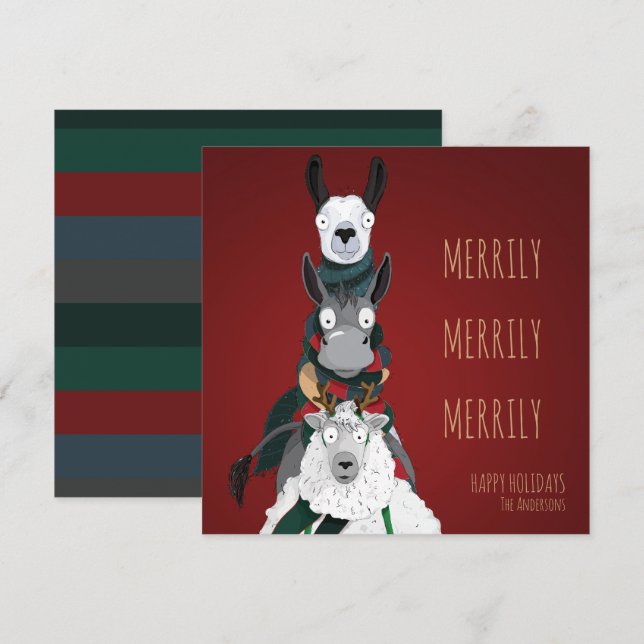 Cartão De Festividades Funny Quirky "Merrily Merrily Merrily" Vermelho Fe (Frente/Verso)