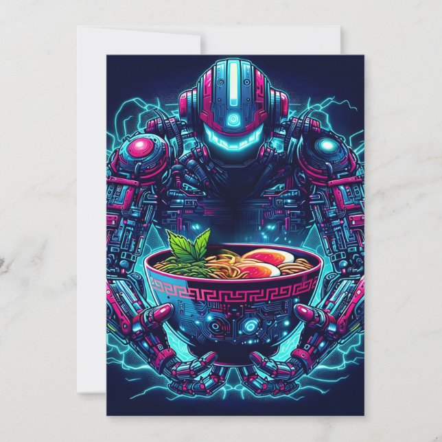 Cartão De Festividades Futuristic Cyberpunk Robot Neon Food Ramen (Frente)