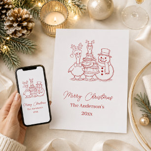 Cartão De Festividades Ganso de Natal Família Doodle vermelho moderno