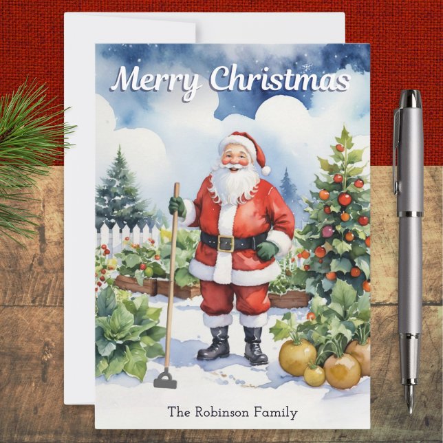 Cartão De Festividades Gardening Santa Merry Christmas Vegetable Garden (A gardening themed Christmas card, with picture of Santa in a snowy garden in a watercolor style)