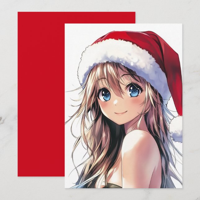 Cartão De Festividades Garota Anime Festiva Chapéu de Papai Noel com Olho (Frente/Verso)