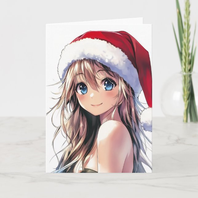 Cartão De Festividades Garota Anime Festiva Chapéu de Papai Noel com Olho (Frente)