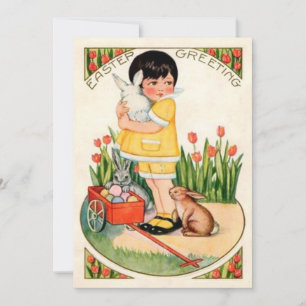 Cartão De Festividades Garota Antiga Com Coelhos & Ovos de Páscoa