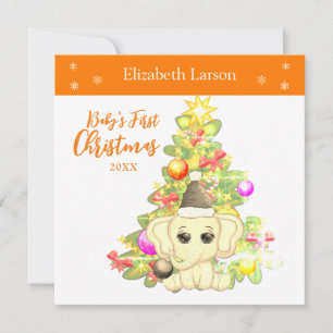 Cartão De Festividades Garota Bonita Primeiro Natal Elefante Laranja Bebê