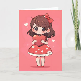 Cartão De Festividades Garota e Coração Chibi Kawaii