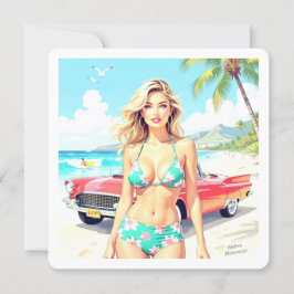 Cartão De Festividades Garota na praia com um carro clássico