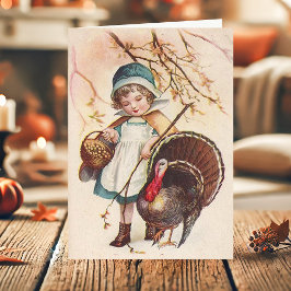 Cartão De Festividades Garota Peregrina Vintage com Ação de Graças do Per