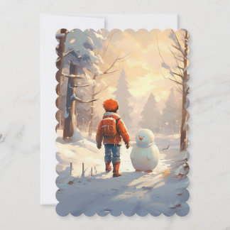 Cartão De Festividades Garotinho brincando com boneco de neve na floresta