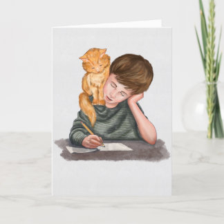 Cartão De Festividades Garoto escrevendo, gato no ombro, feito à mão/ Clá