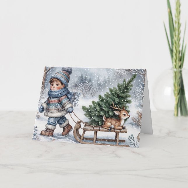 Cartão De Festividades Garoto Puxando Um Sled Antiquado (Frente)