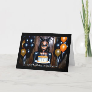 Cartão De Festividades Gata de Couro - Aniversário de Halloween